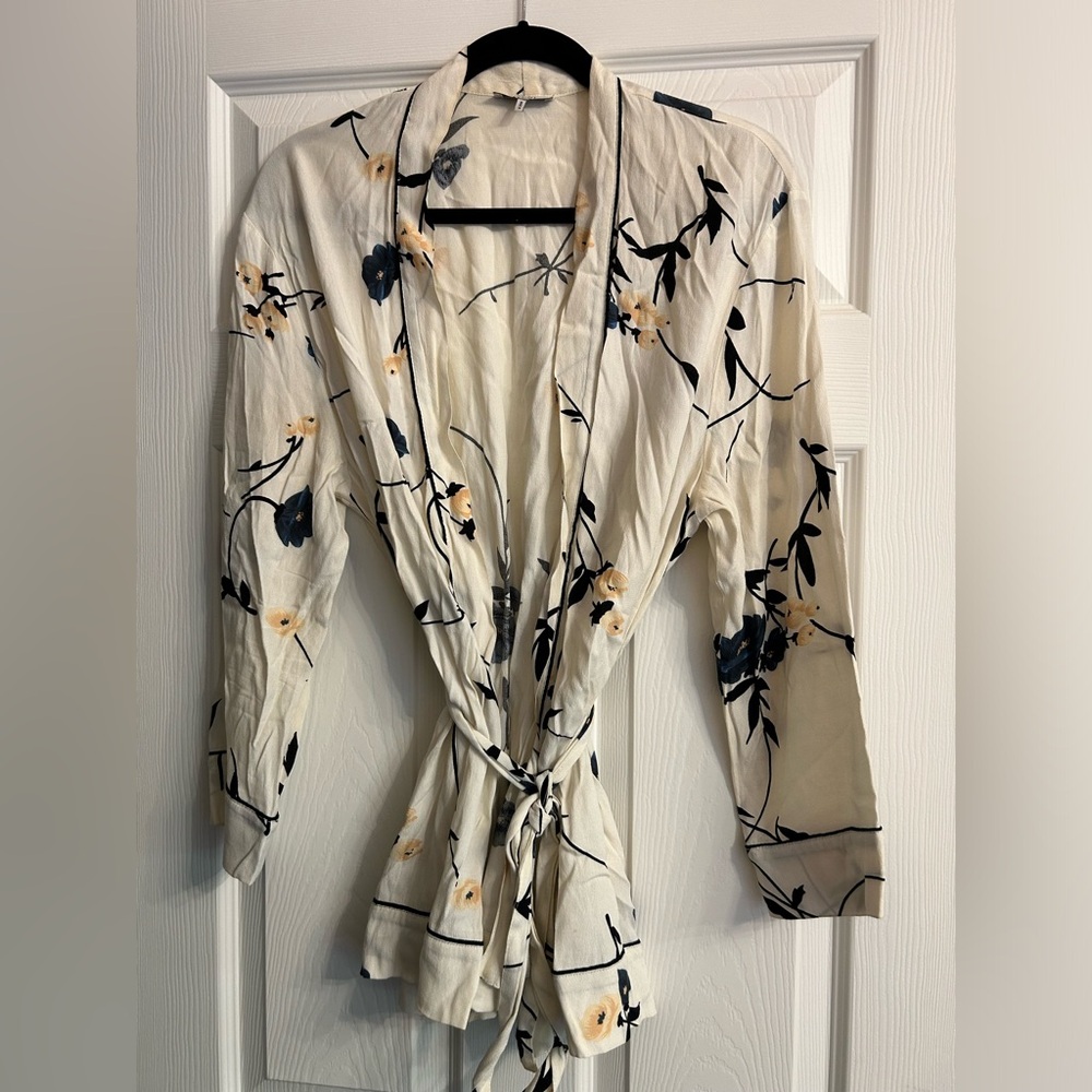 Ganni Cream Floral Women's Tie Front Blouse/Wrap Shacket